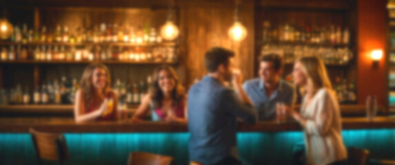 Friends relaxing with cocktails in front of a bar, their surroundings softly blurred for an intimate atmosphere