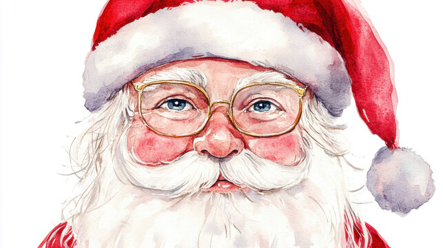Watercolor illustration of Santa Claus's face with a red hat and white beard.