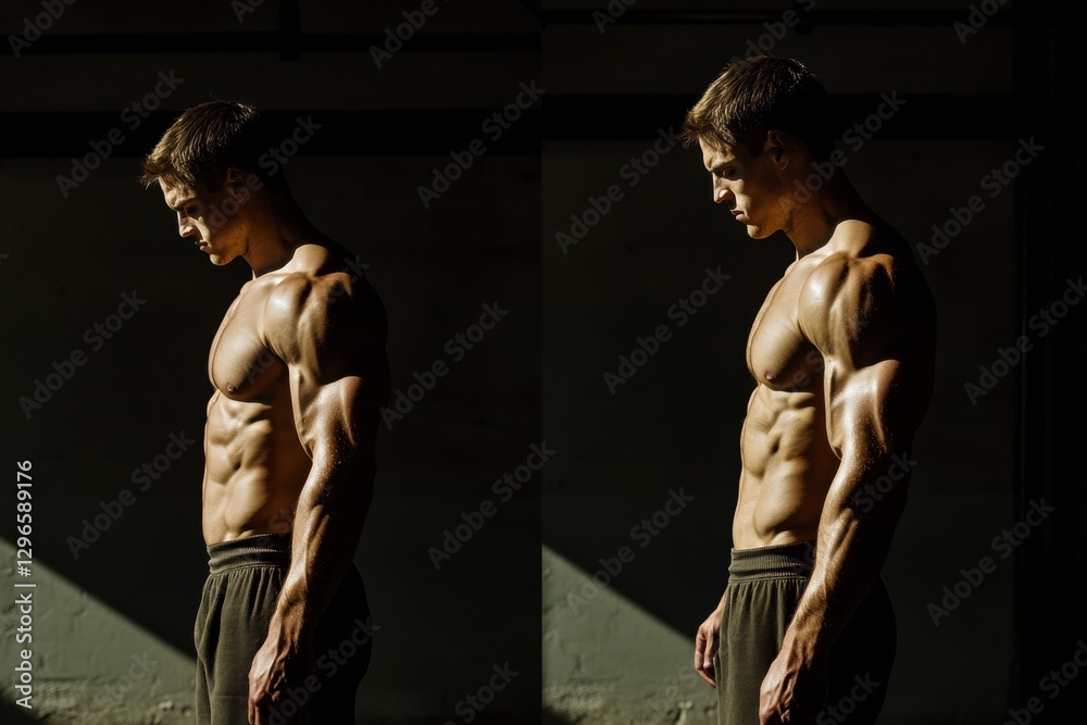 Poster Muscular man focuses on his fitness routine while training in a gym during evening hours with low lighting. Generative AI