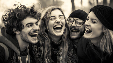 of friends caught in mid-laughter, their joyful expressions preserved in the stillness of time 