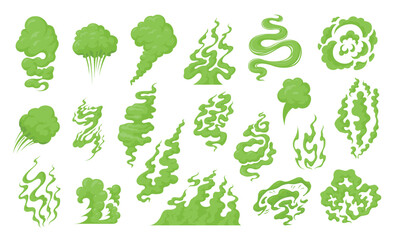 Bad smell green smoke steam condensation aroma bubble set vector flat illustration