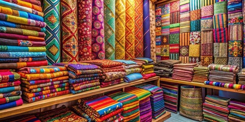 Vibrant textiles on display in a colorful fabric shop with various patterns and designs, vibrant, textiles,  vibrant