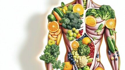 Wellness and physical health in a balanced lifestyle. Human silhouette filled with colorful fruits and vegetables representing health.