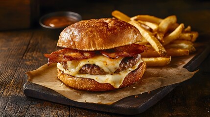 A Delicious Hamburger with Bacon Cheese and French Fries