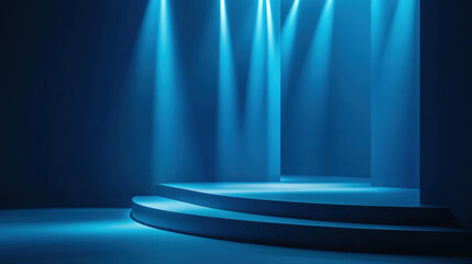 Abstract blue and purple architectural scene with arches and stairs.