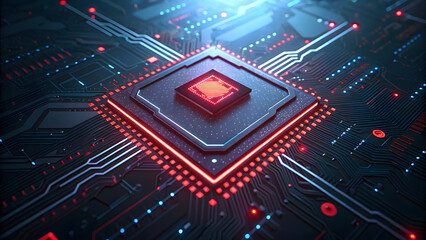 Red microchip surrounded by glowing circuit board in blue and red colors,
Futuristic microchip glowing with red light on dark circuit board background