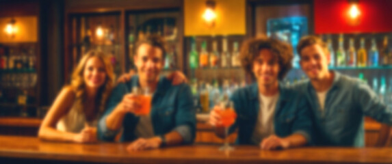 Blurred background focusing on a relaxed group enjoying casual drinks, representing a laid-back bar scene