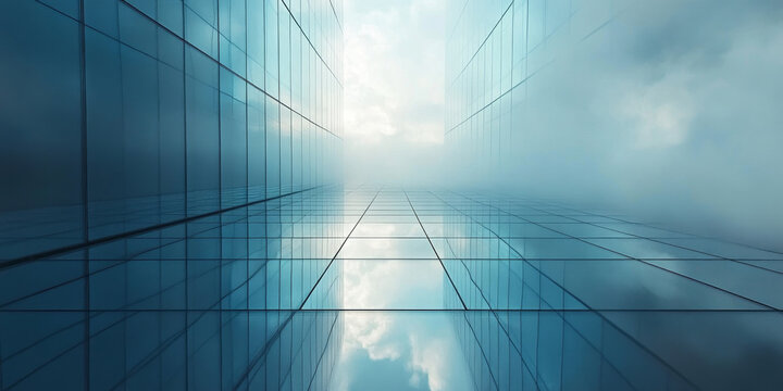 Futuristic glass skyscraper in misty cityscape, modern corporate high-rise building with reflective facade, urban architecture with symmetrical perspective and blue sky reflections
