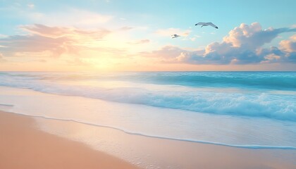 Fototapeta premium Sunrise Beach Ocean Waves Sky Birds