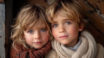 Two young siblings with blonde hair and knitted scarves gaze closely together in a cozy setting with soft natural light