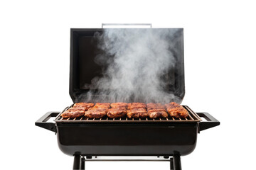 Grilling delicious meat with smoke rising in a backyard setting during a summer gathering among friends and family, cut out