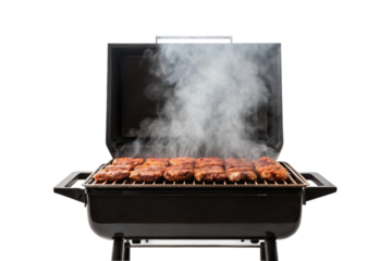 Grilling delicious meat with smoke rising in a backyard setting during a summer gathering among friends and family, cut out