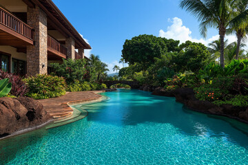 Luxurious resort pool surrounded by tropical plants and stone architecture, creating serene atmosphere in Hawaii. Perfect for relaxation and leisure