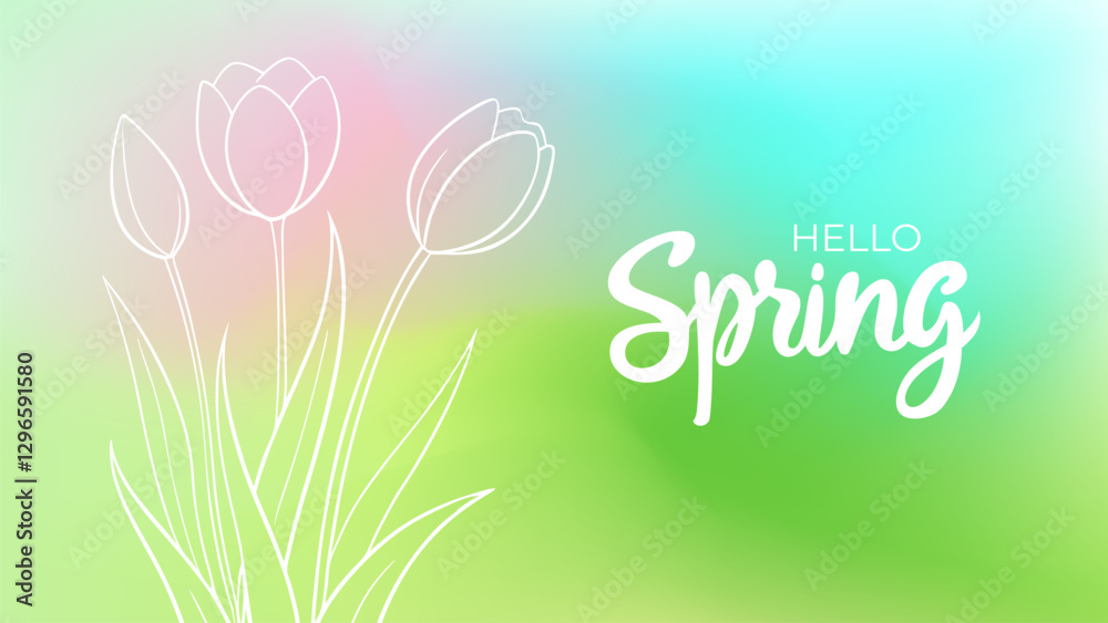 Aufkleber Hello Spring. Hand lettering and spring tulips for Springtime season greetings and and invitations. White outline. Blurred background. Vector illustration.