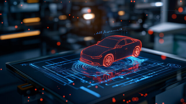 digital blueprint of car displayed on tablet, showcasing 3D holographic model. scene highlights advanced technology and innovation in automotive design - Powered by Adobe