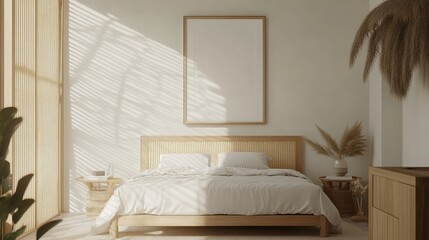Mock-up frame hanging on a wall in a serene bedroom, light wooden furniture, rattan bed, neutral-toned decor, sunlight streaming through the window, soft ambiance, 3D render.