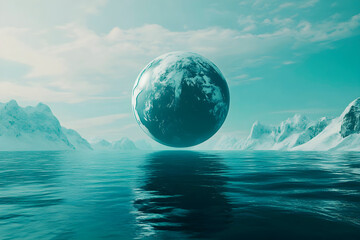 Surreal vision of Earth floating above a tranquil ocean. AI generated