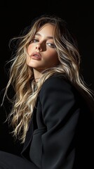 Naklejka premium A woman with long blonde hair is wearing a black jacket