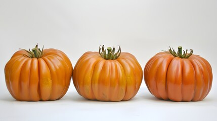 Three Ripe Orange Tomatoes Placed in a Row Against a Plain White Background