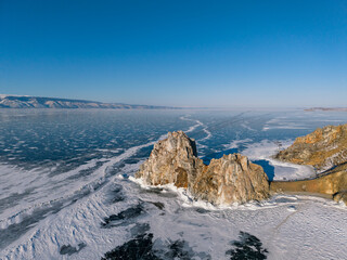 Aerial View of Ice Cracks and Shaman Rock on Lake Baikal