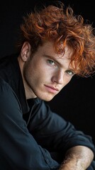 Obraz premium A man with red hair and green eyes is sitting in a black shirt