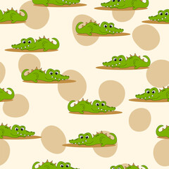 Animal seamless pattern with cartoon crocodiles on color background. Cute holiday illustration with crocodile for baby. Design for invitation, poster, card, fabric, textile, wrapper.