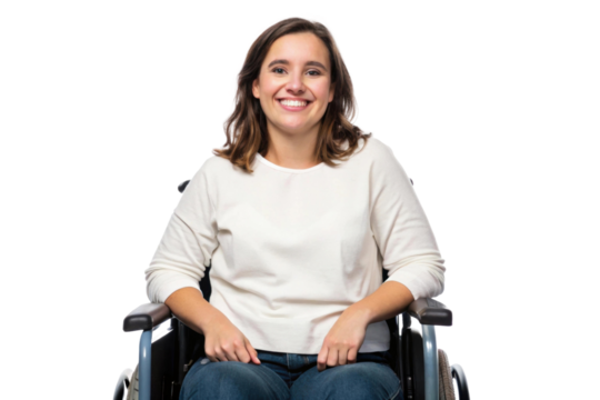 Empowerment through mobility with a cheerful woman in a wheelchair demonstrating confidence and joy in everyday life, cut out