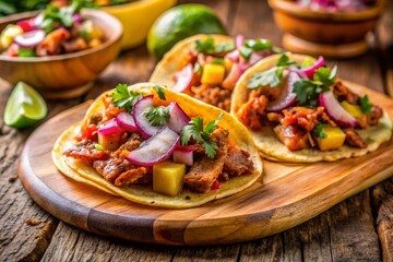 Macro Photo: Juicy Thinly Sliced Al Pastor Pork & Pineapple on Rustic Wood