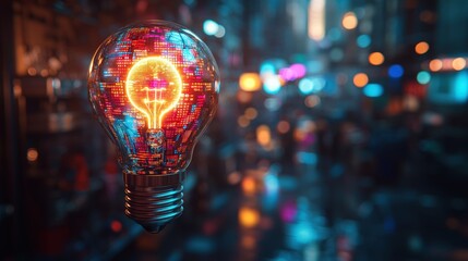 Light bulb with a stunning cityscape background creating a unique contrast between ideas and reality