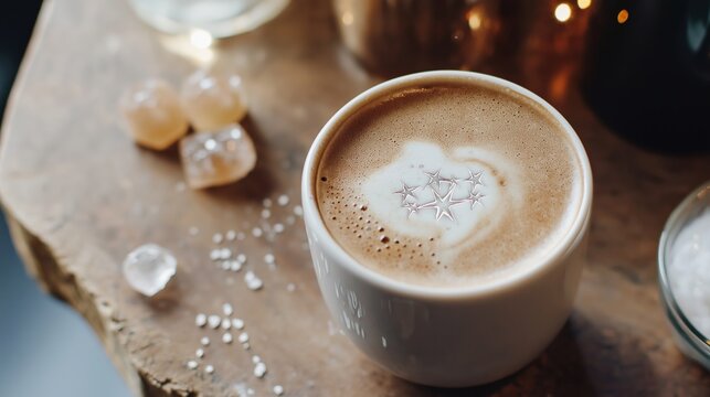 Zodiac themed cappuccino with Pisces latte art and star shaped sugar cubes on rustic wooden table