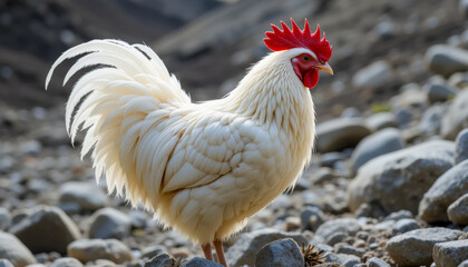 A white rooster with a bright red comb stands on a rocky landscape in soft lighting