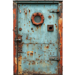 A factory exit door with heavy rust and dents isolated on white background.PNG