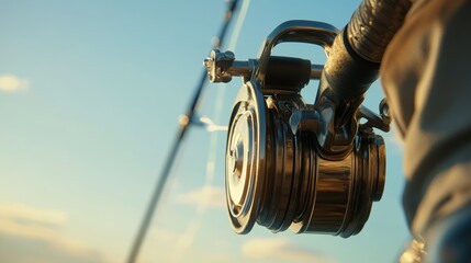 Close-up of fishing reel in golden sunlight on a clear day.