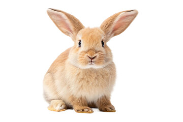 Fototapeta premium Fluffy rabbit with large ears sitting calmly on a soft surface in a bright indoor environment for creative design projects, cut out