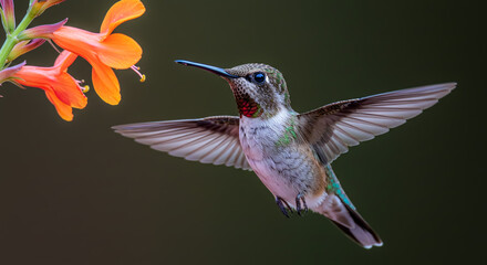 Fototapeta premium hummingbird feeding from orange flower in mid-flight