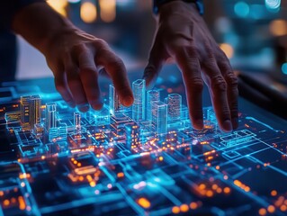 An architect designing a futuristic city with glowing holographic models, blending urban planning with technology, Architecture, SciFi, Clean and sleek