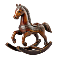 An ultra-realistic close-up of an antique wooden rocking horse from early USA with hand-carved...