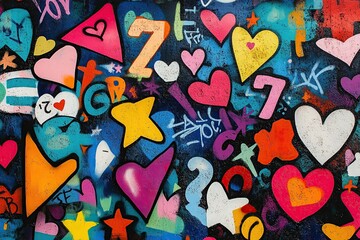 Fototapeta premium A vibrant graffiti wall filled with colorful tags and shapes, showcasing the art of street-style urban murals