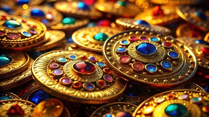 Fototapeta premium Macro Shot: Gilded Game Coins with Gemstones - UI Assets