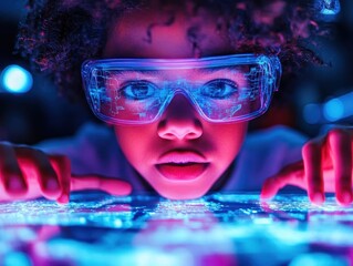 An elementary school using AR tools to teach science, with students interacting with glowing digital elements, K12 education, SciFi, Colorful and educational