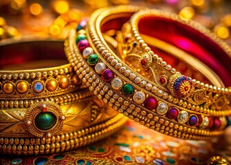 Fototapeta premium Macro Shot: Intricate Indian Gold Bangles & Forehead Tika