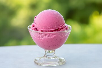 A luxurious blackcurrant sorbet in a glass bowl, with frost forming on the surface