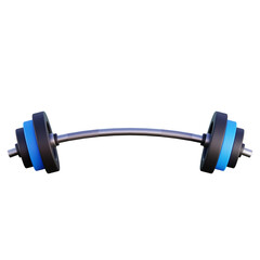 3D rendering of a barbell with adjustable weight plates. Features a silver bar and black plates with blue accents. Isolated on a light background.