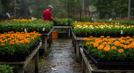 Obraz premium Colorful Blossoming Flowers in Rain at Outdoor Garden Center