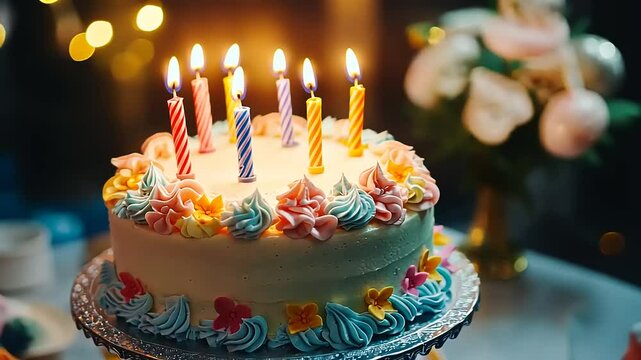A beautifully decorated birthday cake with colorful candles lit, surrounded by soft glowing lights and flowers