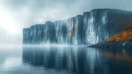 Majestic cliffs reflected in calm waters foggy landscape serene nature photography tranquil environment