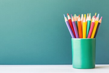 A vibrant collection of colored pencils is arranged neatly in a green holder against a teal backdrop