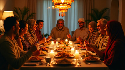 A heartwarming and intimate family dinner scene where multiple generations are gathered around a beautifully set table
