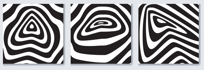 Black and white design. Pattern with optical illusion. Abstract striped background with ripple effect. Vector illustration.
