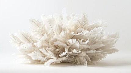 A cluster of soft, white down feathers arranged gracefully, displayed against a pure white background. 